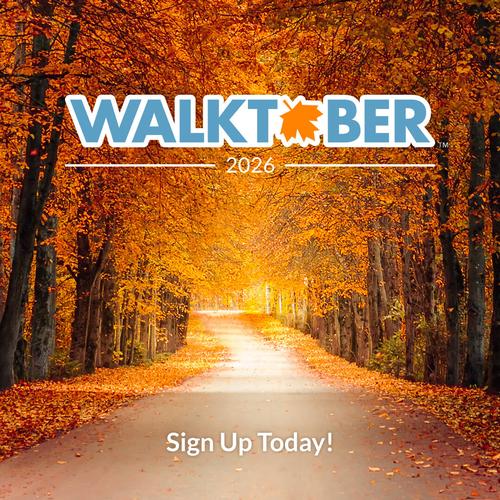 Walktober logo over a photo of orange, fall leaves, with a prompt to "Sign up today!"