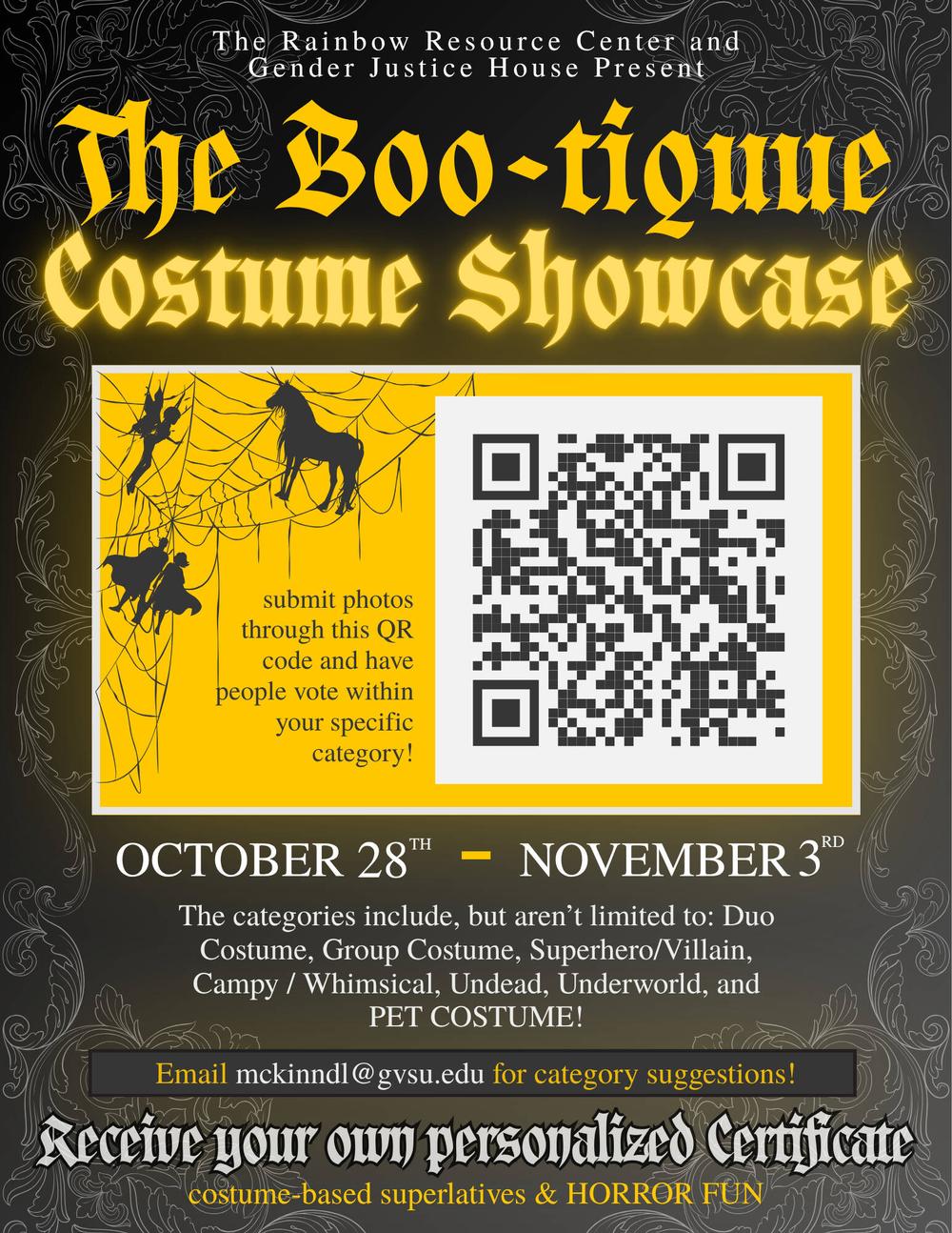 A dark, webby background highlights yellow text text reading the bootique, a costume showcase