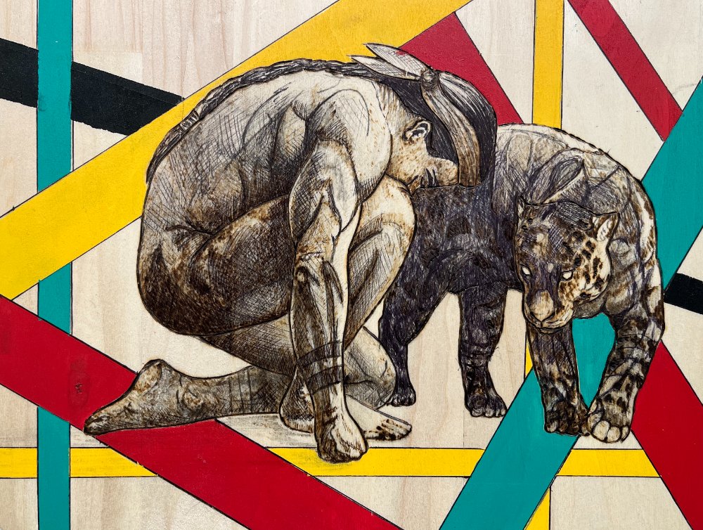 So-so Akalesh, Ocelotl (Oh-say-lo), mixed media.