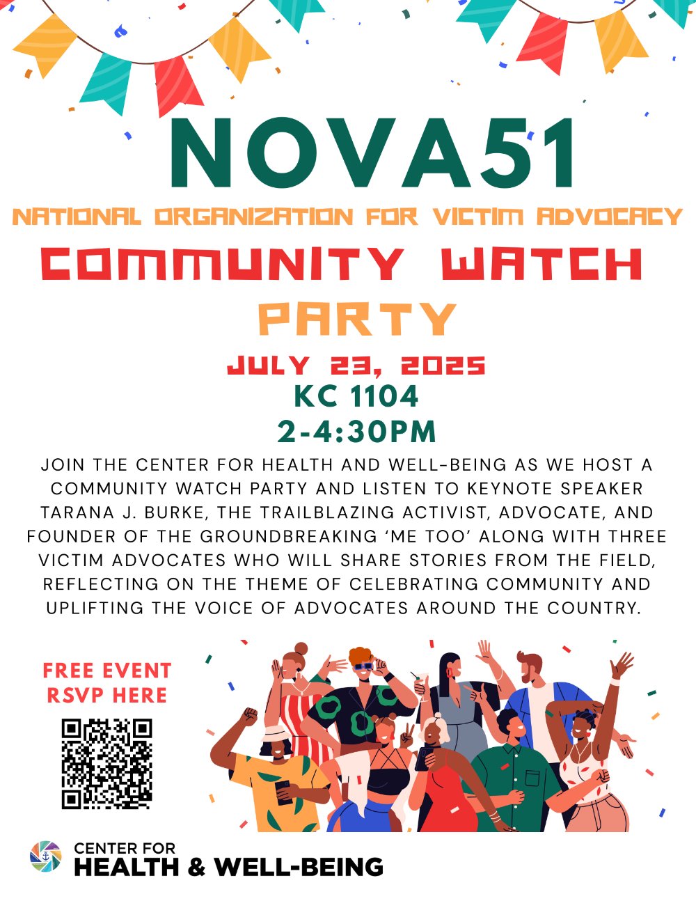 NOVA 51 watch party poster bright colors with a group of people celebrating