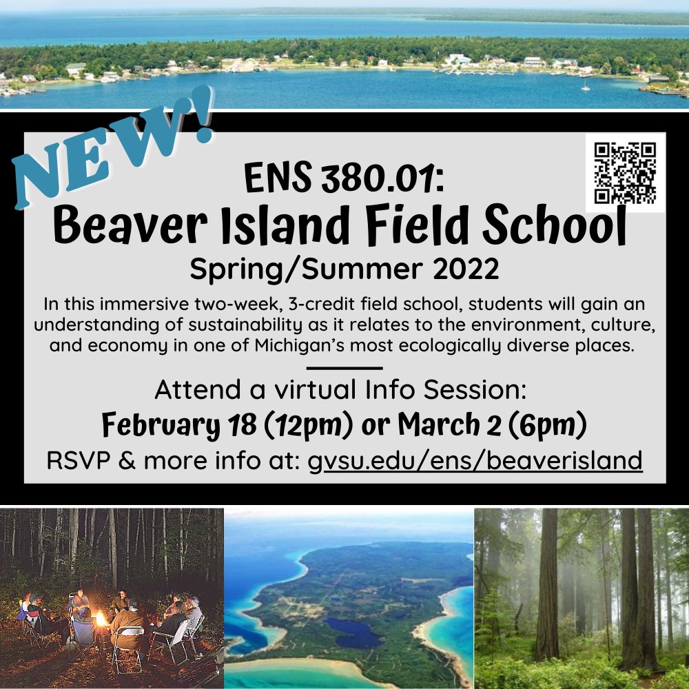 Beaver Island shores, forests, and students around a campfire