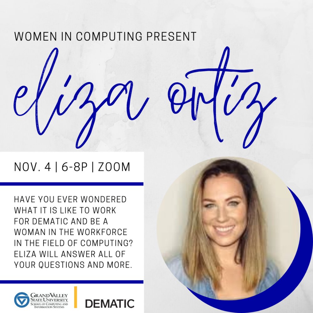 Image of Eliza Ortiz who is giving a talk to the Women in Computing Club on November 4th from 6-8p