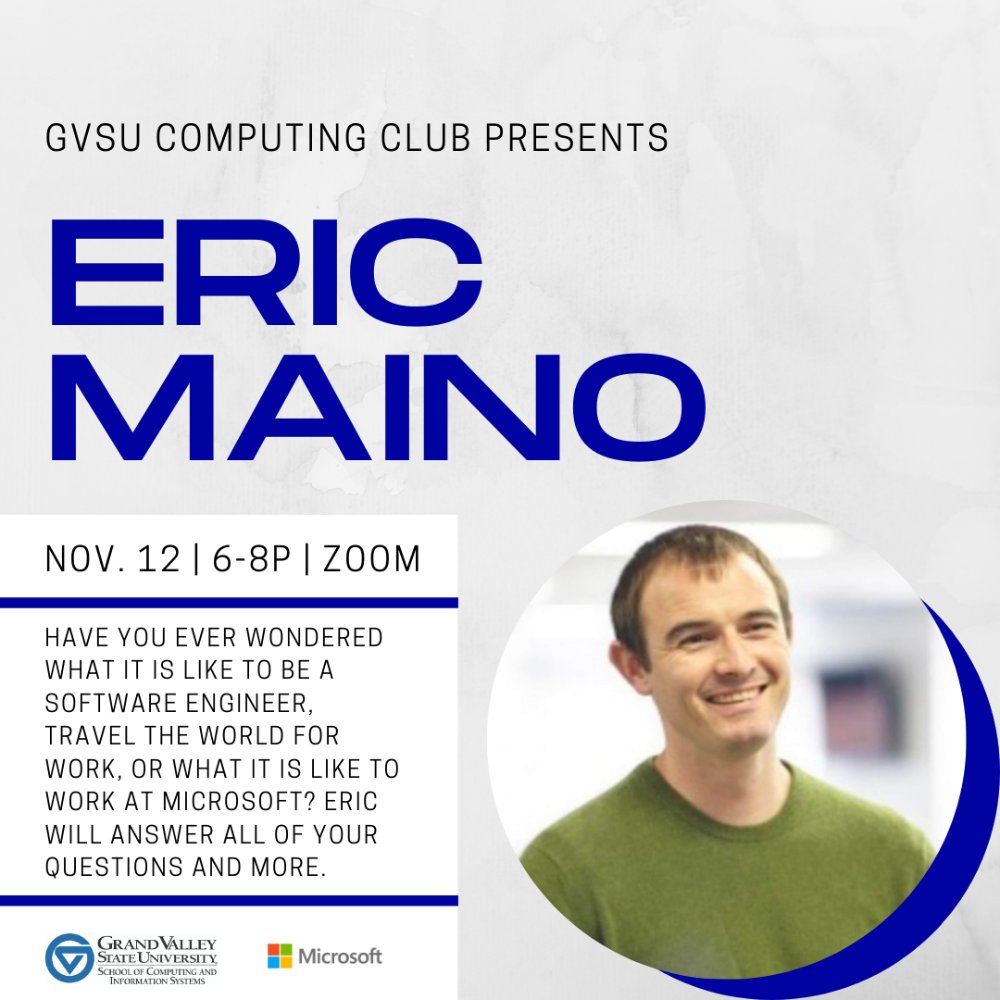 Image of Eric Maino who is giving a talk to the GVSU Computing Club