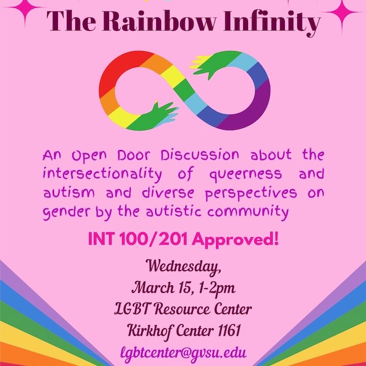 A rainbow infinity symbol on a light pink background with rainbow stripes, event details repeated
