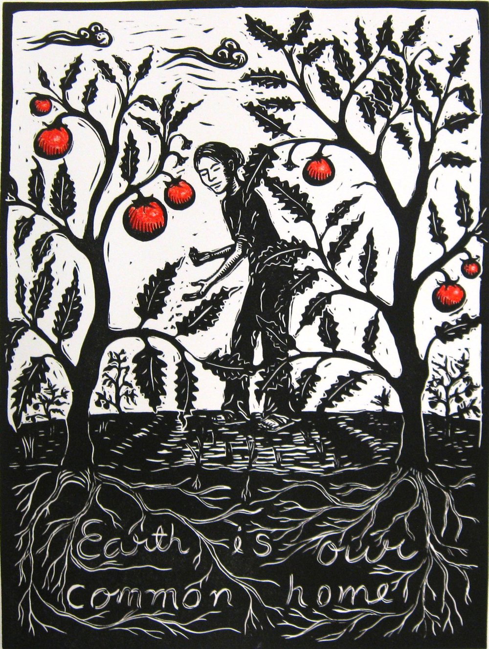 A person walking outdoor with two large tomato plants in front of them. The roots spell out, "Earth is our common home".