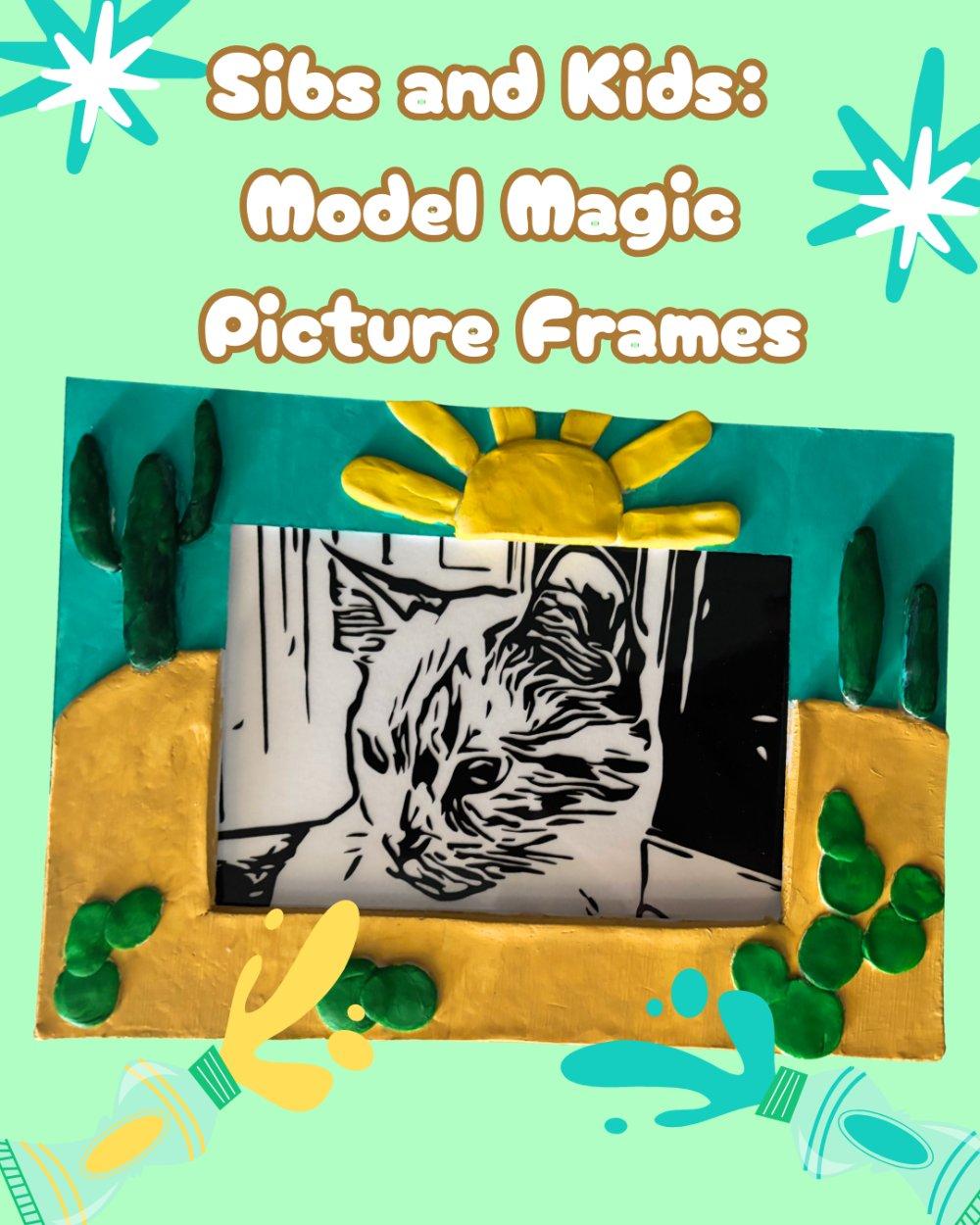 A sculpted picture frame of the desert with cactuses and a sun. There is a drawing of a cat inside. Outside the frame are clipart paint tubes and stars. The background is seafoam green.