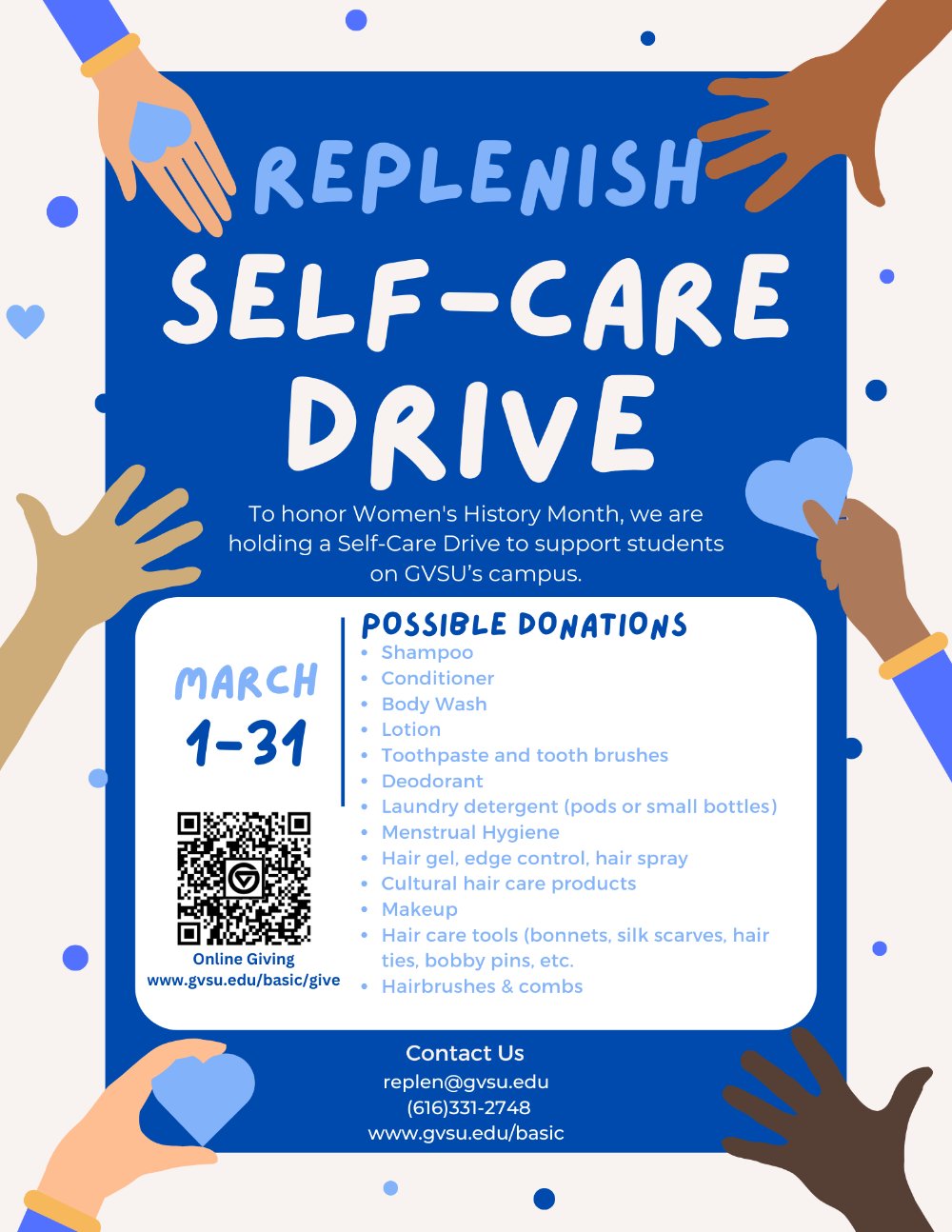A blue background with the text "Replenish Self-Care Drive"