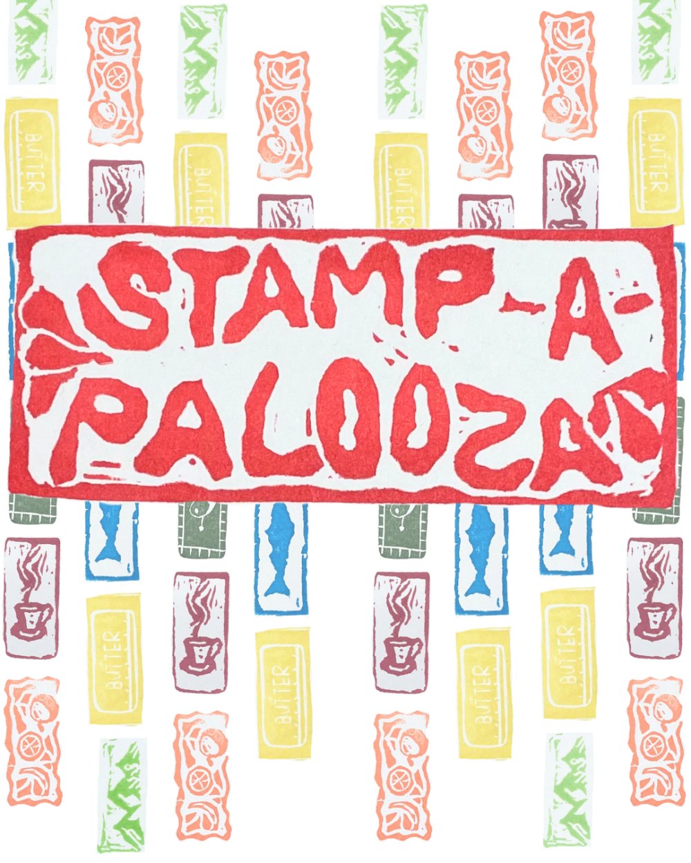 Repeating images of small stamps featuring items like a coffee cup, fish, mountains, butter, and fruits. Over it are the stamped words "Stamp-A-Palooza".