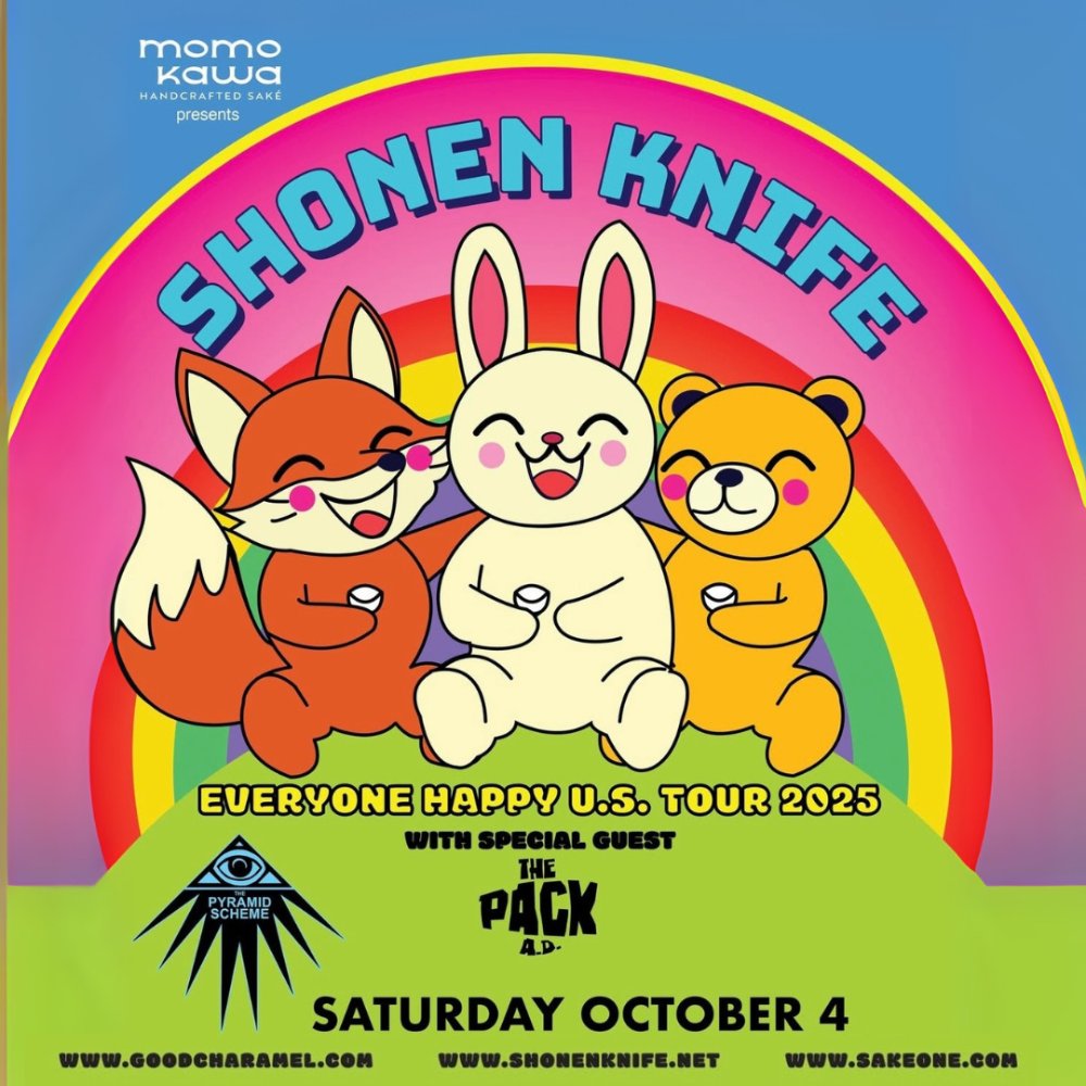 A colorful poster with cartoon animals advertises the bands Shonen Knife and the Pack AD playing on Saturday, Oct. 4th at the Pyramid Scheme