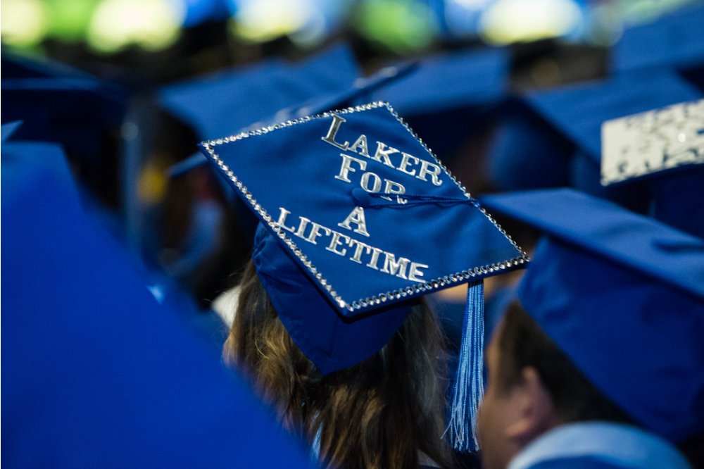 Blue graduation cap that says Laker for a Lifetime