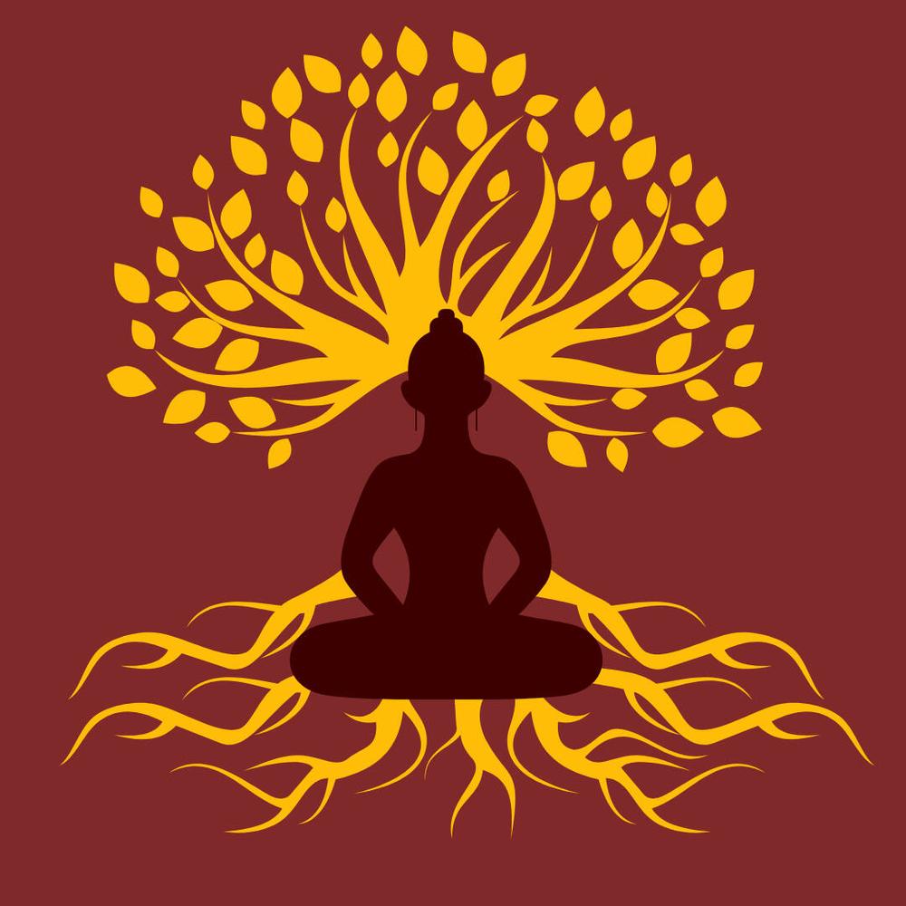 A red background with a yellow tree with long roots and a figure of a seated Buddha in the center