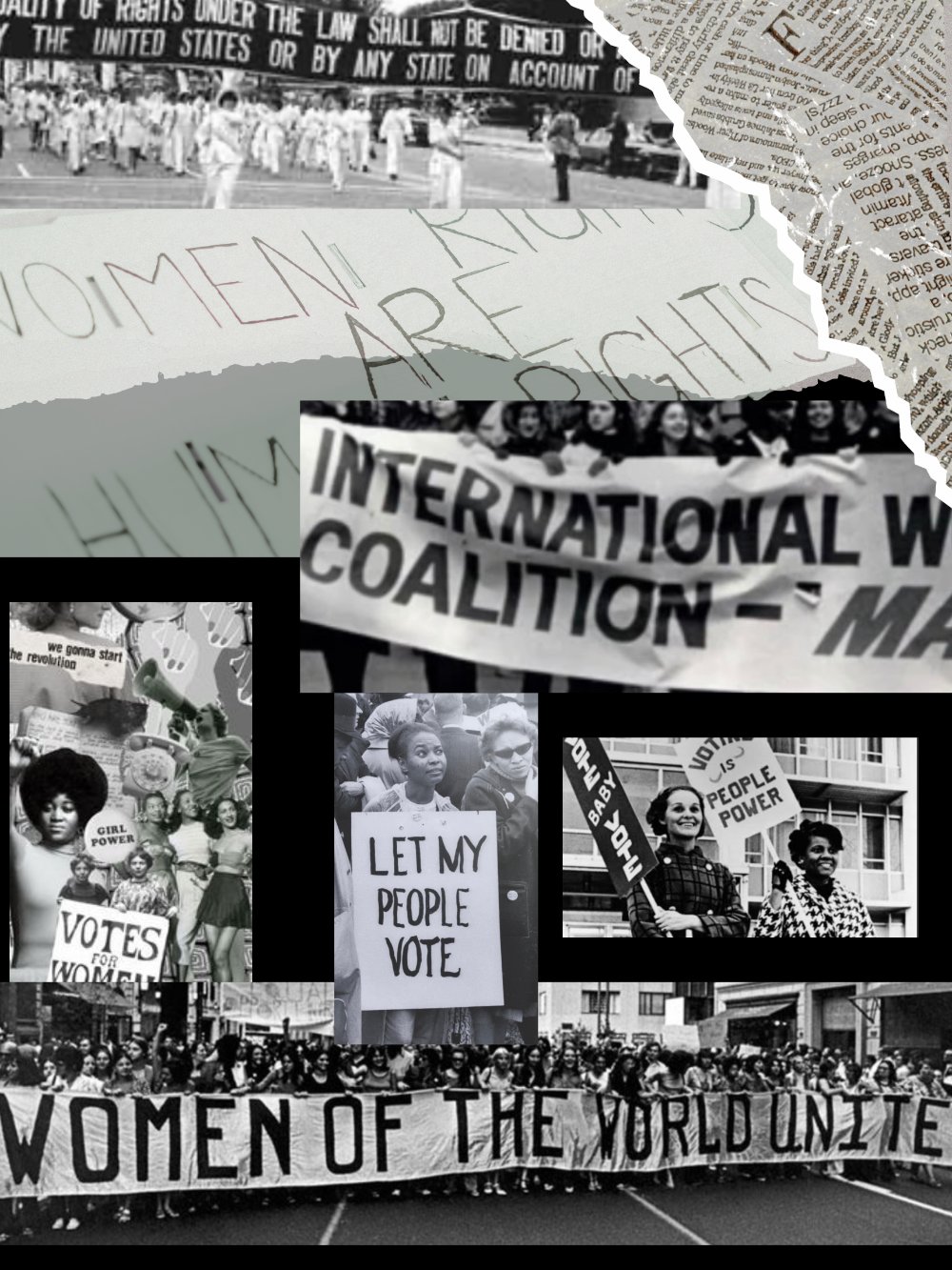 Black and white image of various banners used during human rights protests throughout history