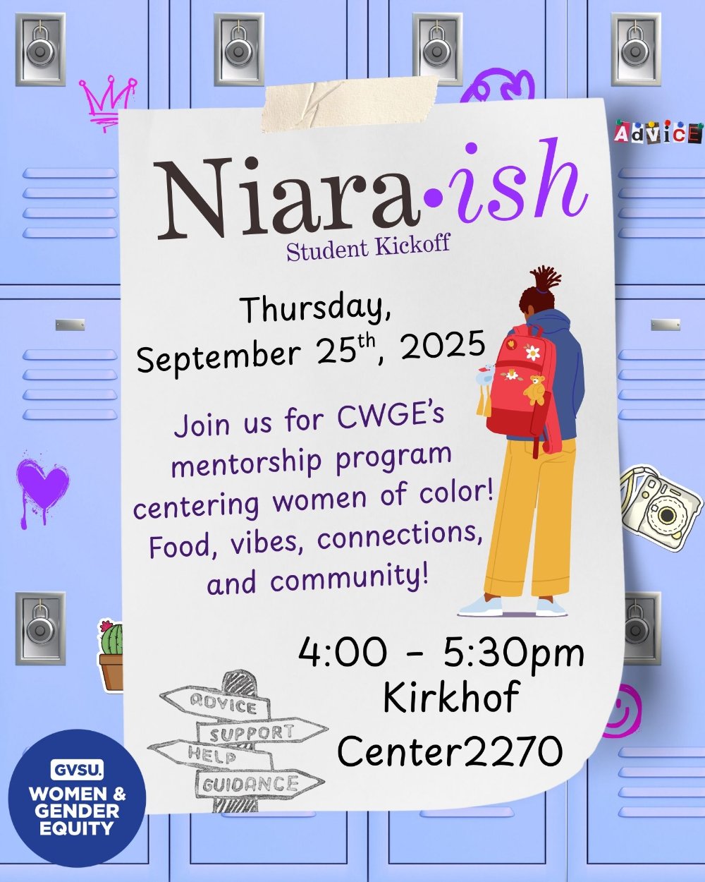 A drawing of a girl with her back to the viewer. There is text next to her describing the event and location details. The background features purple lockers from a high school with doodles spray painted on.