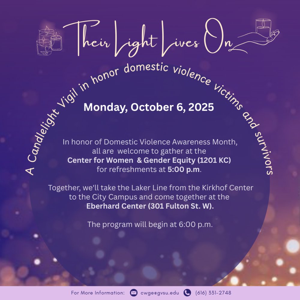 Image shows a poster advertising "Their Light Lives On: A Candlelight Vigil for Domestic Violence Victims and Survivors