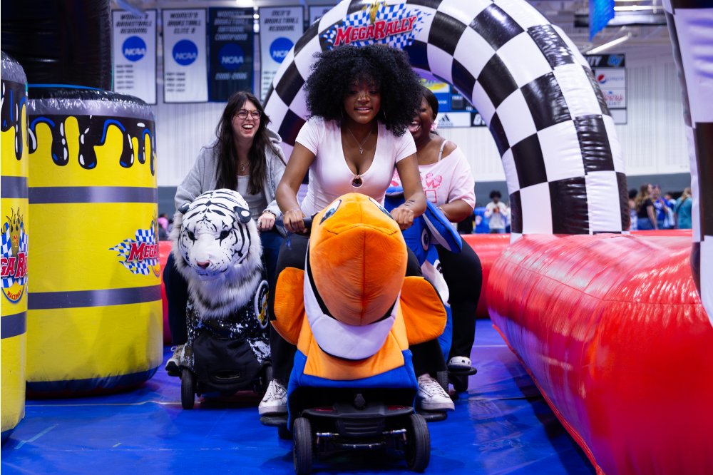 girl riding on rideable machine animal