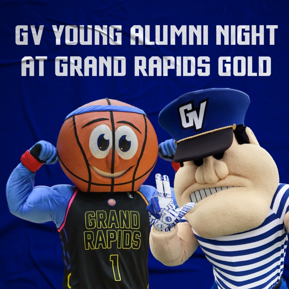 GV Young Alumni Night at Grand Rapids Gold graphic with mascots