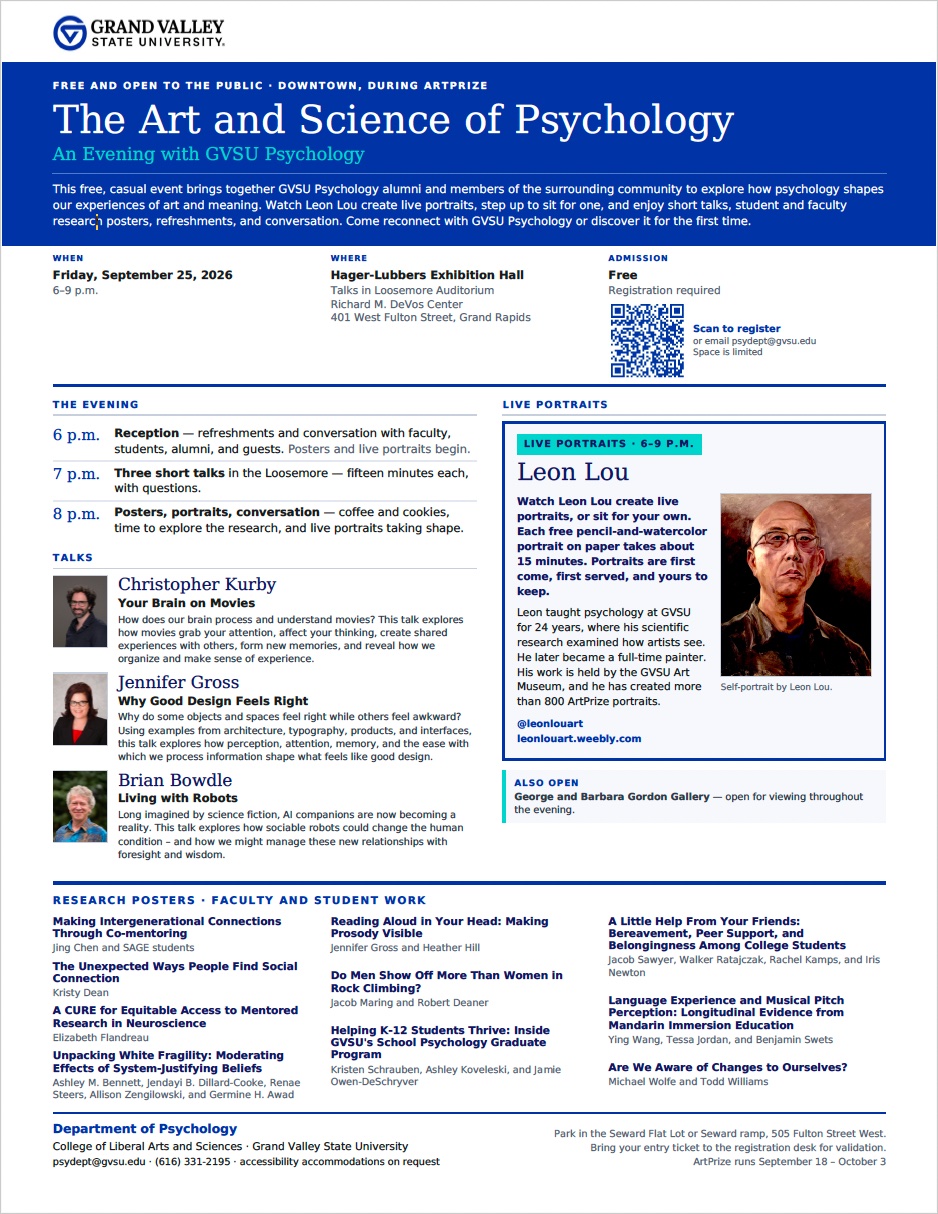 The Art and Science of Psychology flyer with details on the talks, poster session, and live art session.