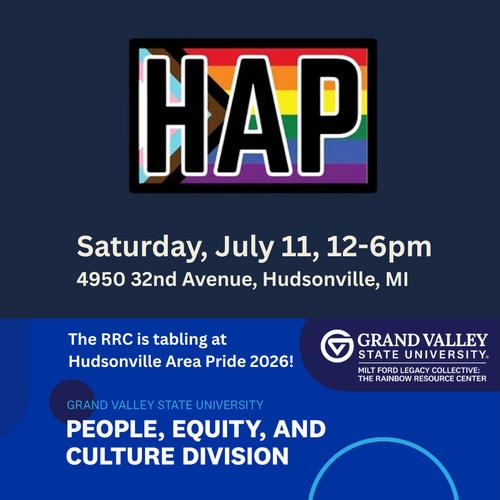 The Hudsonville Area Pride logo, a progress pride flag behind the letters "HAP". Text reads "The RRC is tabling at Hudsonville Area Pride 2026"