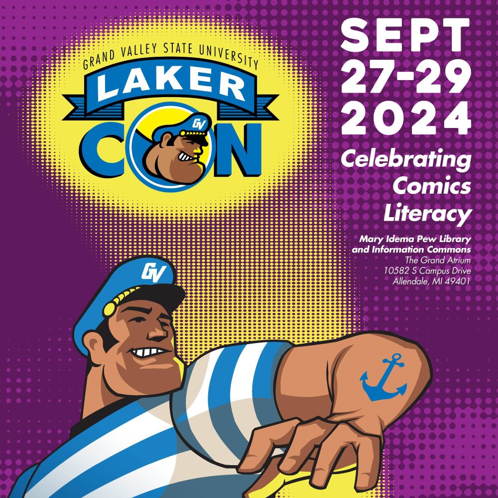 Laker Con Save the Date for September 27 - 29. Louie the Laker answering the Laker Con signal over the Mary Idema Pew Library