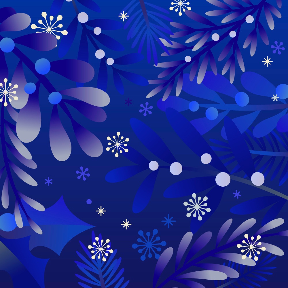 Blue and white winter-themed background featuring stylized foliage, mistletoe, and snowflakes.