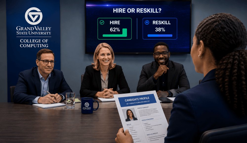 A professional hiring interview at Grand Valley State University&yacute;s College of Computing, with three interviewers reviewing a candidate profile. A screen displays &yacute;Hire or Reskill?&yacute; with 62% choosing hire and 38% choosing reskill.