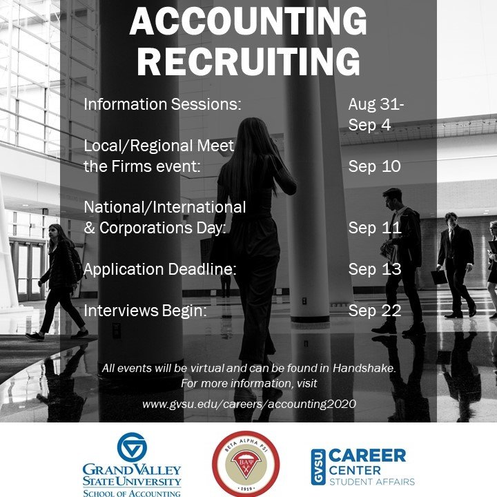people walking in hall with Accounting Recruiting text and event information over the image.