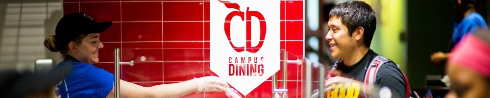logo of campus dining in front of student serving food