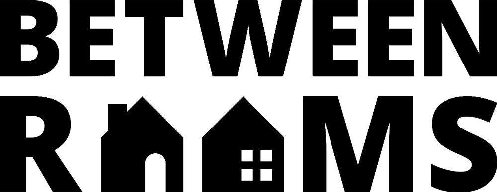 Exhibition title of "Between Rooms". Each "o" in "Rooms" is a house.