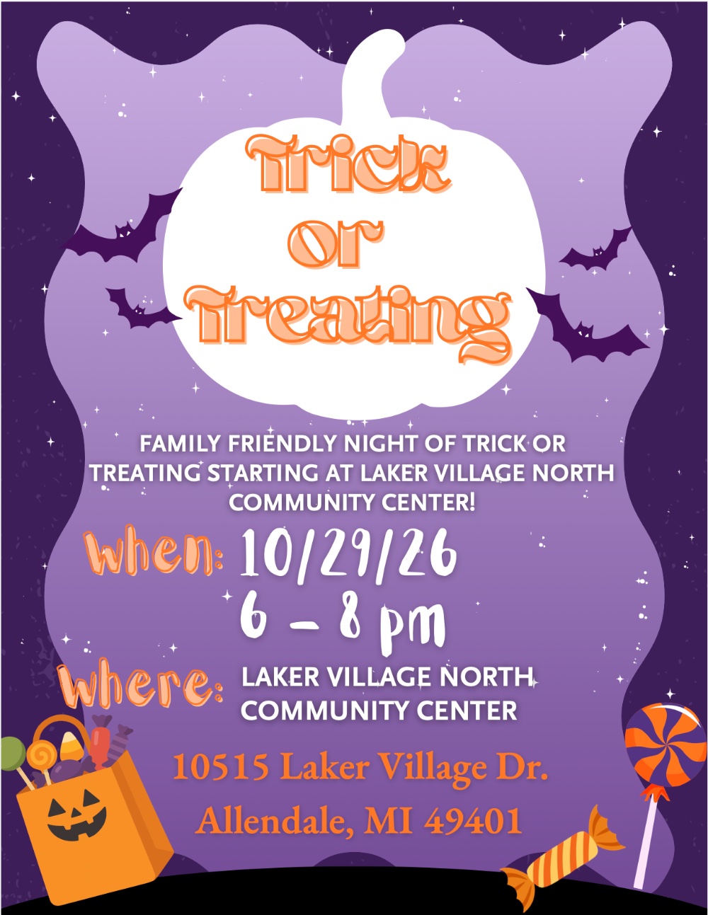 Laker Village Trick or Treating flyer with information included in the event description.