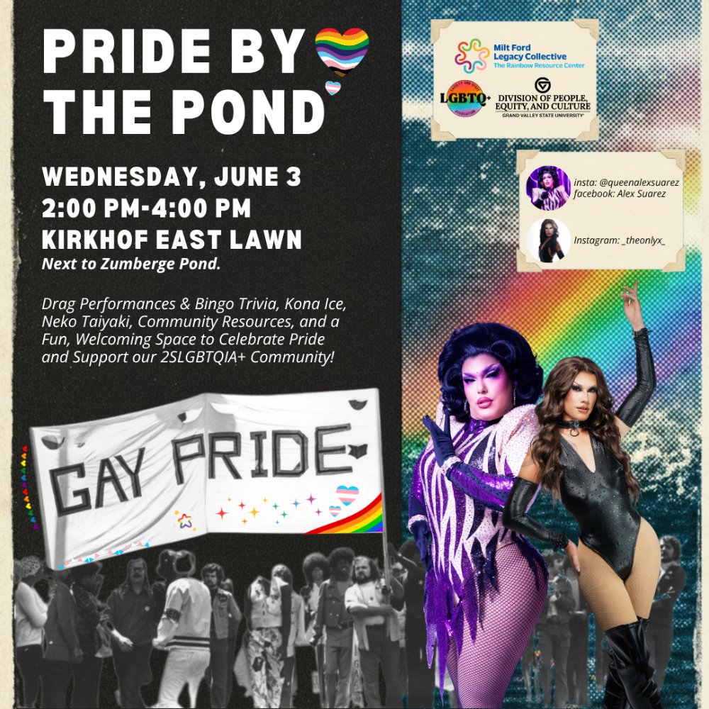A poster promoting pride by the pond, with the pasted description, gay pride sign, images of the drag queens, and sponsors and socials.