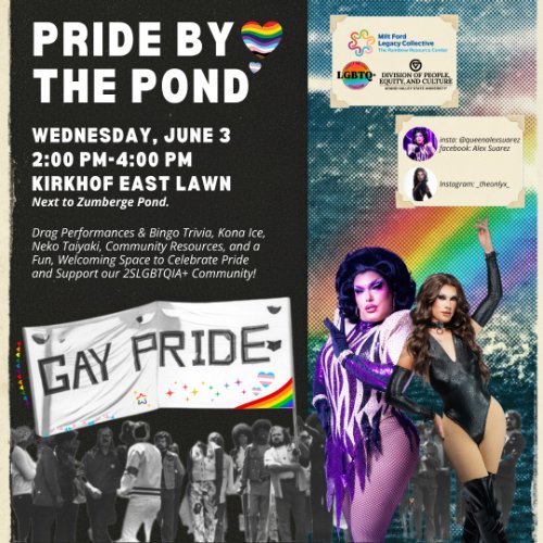 A poster promoting pride by the pond, with the pasted description, gay pride sign, images of the drag queens, and sponsors and socials.