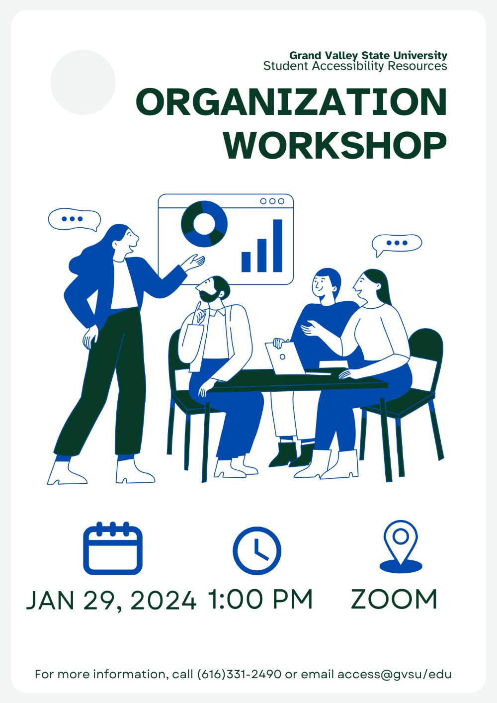 A poster with 3 people listening to a presentation
