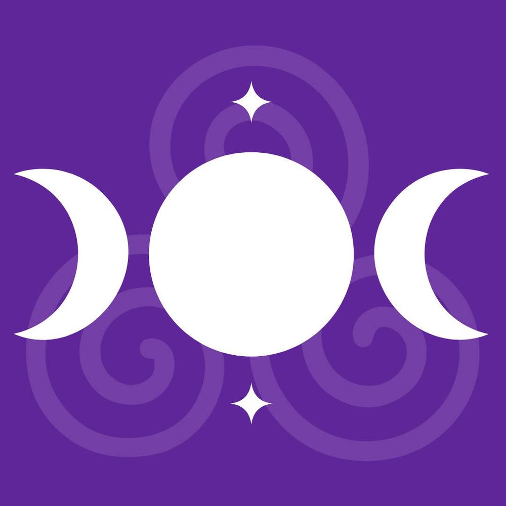 A purple background with a pagan spiral and the three phases of the moon, a common symbol for Wicca.