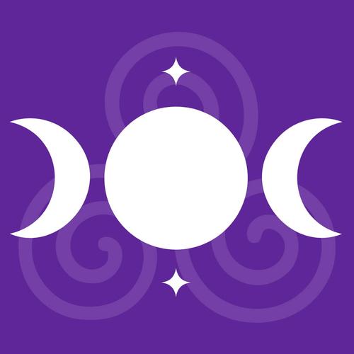 A purple background with a pagan spiral and the three phases of the moon, a common symbol for Wicca.