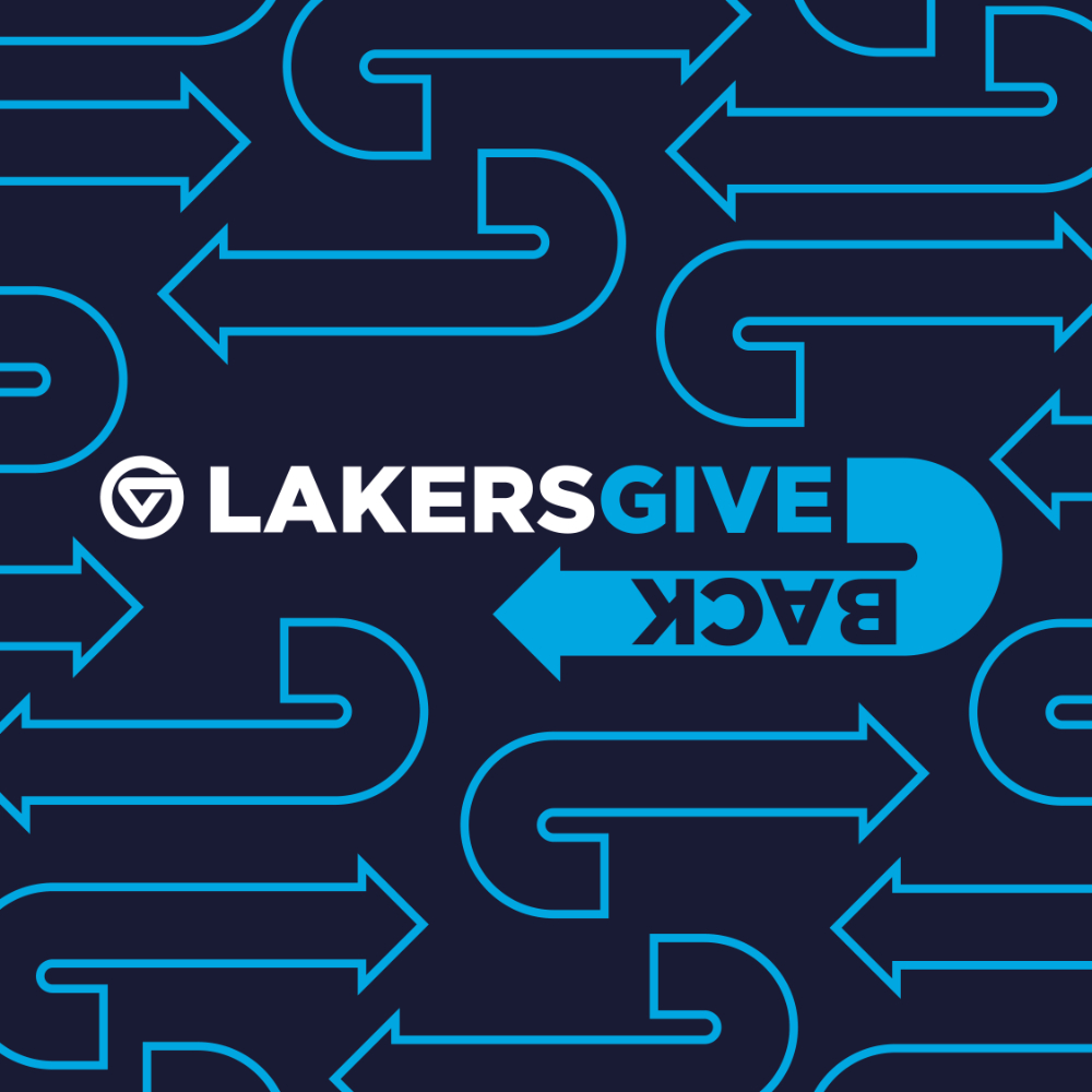 image of blue arrows on dark blue background, Lakers Give Back