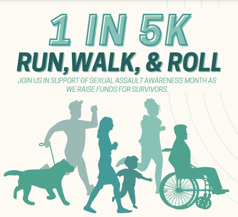 graphic of people walking and one in wheelchair to promote the 1 in 5K Run, Walk and Roll event in support of sexual assault awareness month