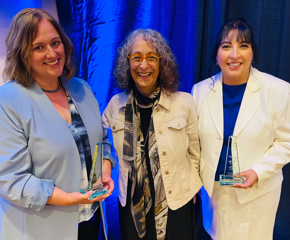from left are Kendra Kuo, Dean Diana Lawson and Sonja Johnson; Kendra and Sonja are holding awards