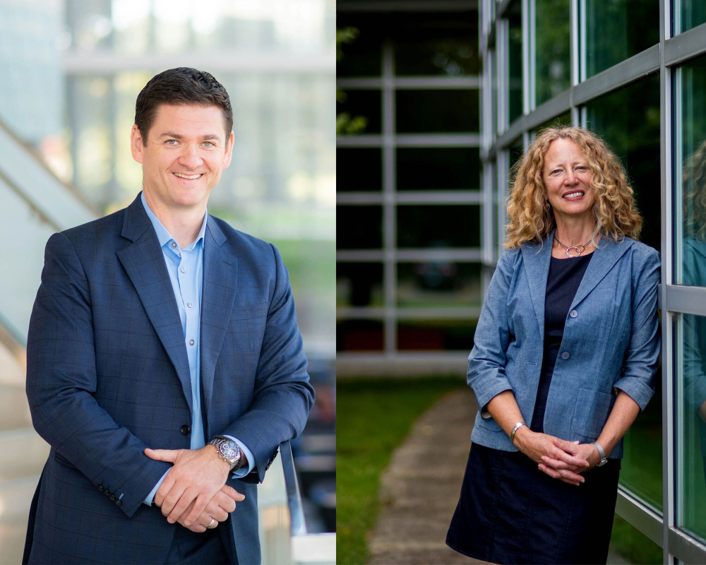 separate photos of Milos Topic, left, and Jennifer Drake in a composite photo both are standing
