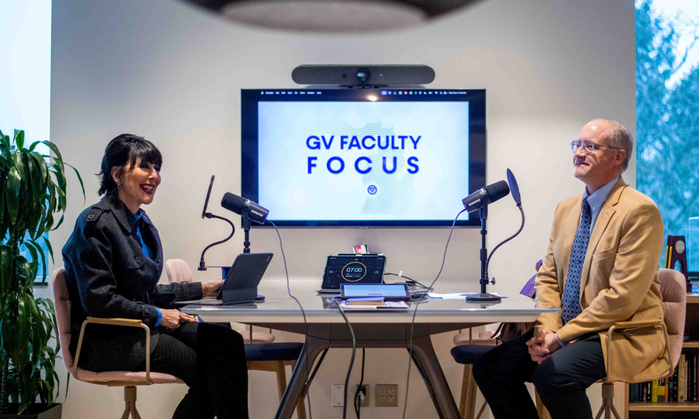 President Mantella and Matthew Daley seated for a podcast episode with GV Faculty Focus on screen