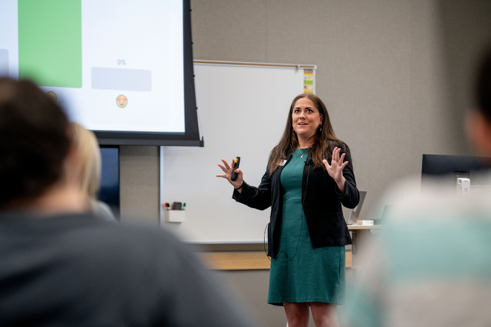 Candace Vinson, career and technical education consultant for the Michigan Department of Education, speaks to a room of people