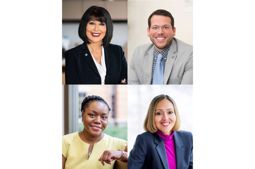 composite photo of four people: clockwise from top left: President Mantella, Jesse Bernal, Alisha Davis and Chasity Bailey-Fakhoury