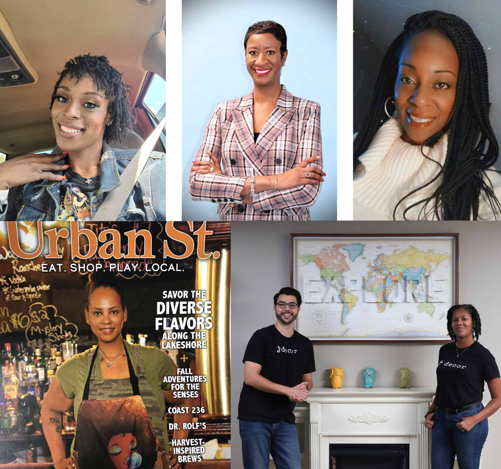 collage of photos, three headshots on top, magazine cover on bottom left and two people standing in front of fireplace on bottom right