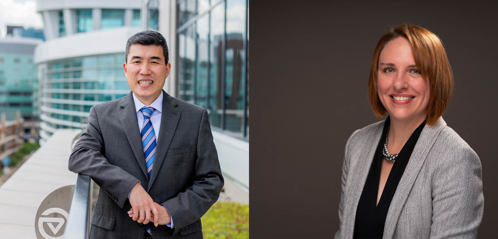 a composite photo of left, Jackie Zhang outside, and Kara Van Dam, inside a studio