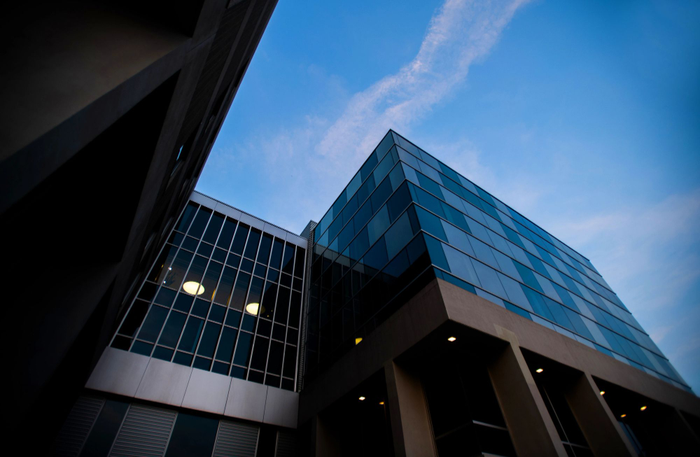 Zumberge Hall with twilight blue sky in background