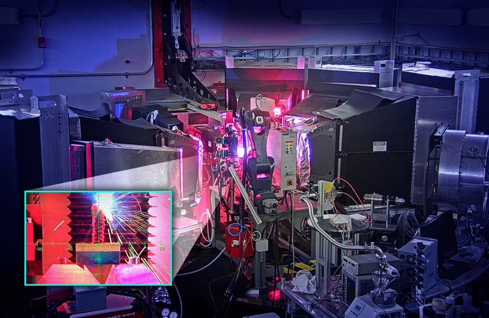 The OpeN-AM experimental platform, installed at the VULCAN instrument at ORNL's Spallation Neutron Source, features a robotic arm that prints layers of molten metal to create complex shapes.&nbsp;