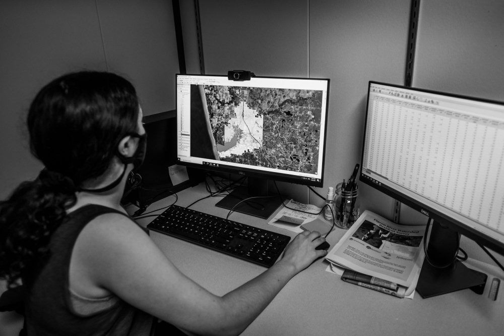 Student looks at two computer monitors; image is is black and white