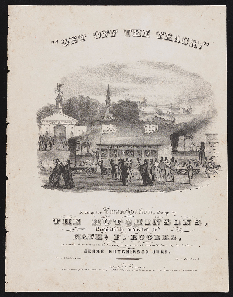An illustrated sheet music cover for an abolitionist song composed by Jesse Hutchinson, Jr.