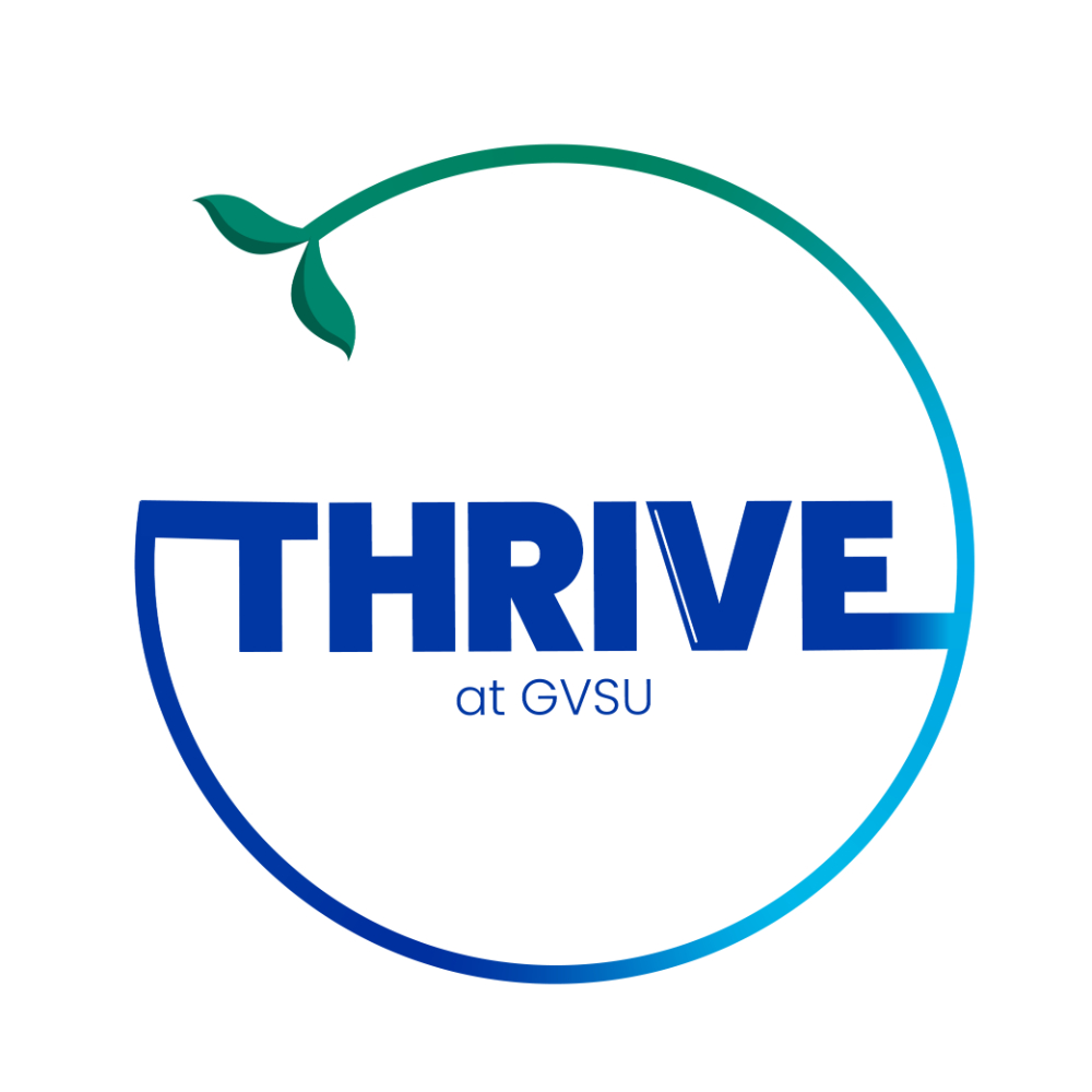 circle with gradient from blue to green ending in leaf; THRIVE at GVSU