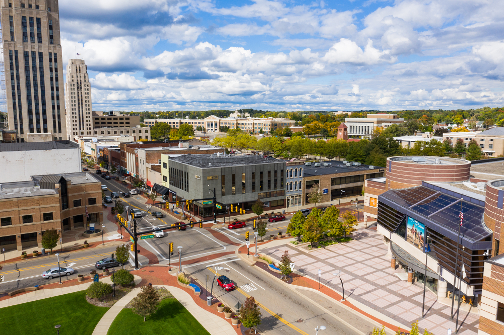 drone photo of downtown Battle Creek with a high rise on the left and WKKF building on the right