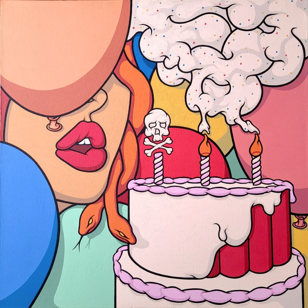 artwork, in pop style, of a two-tiered cake with two candles and one candle with a skull and crossbones on it, a woman prepares to blow out candles
